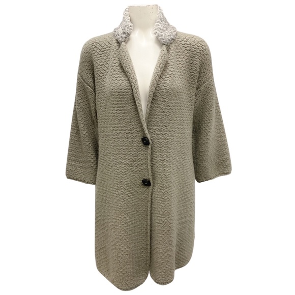 FABIANA FILIPPI OLIVE / TAUPE LAMB COLLAR CASHMERE KNIT CARDIGAN SWEATER - Picture 1 of 6